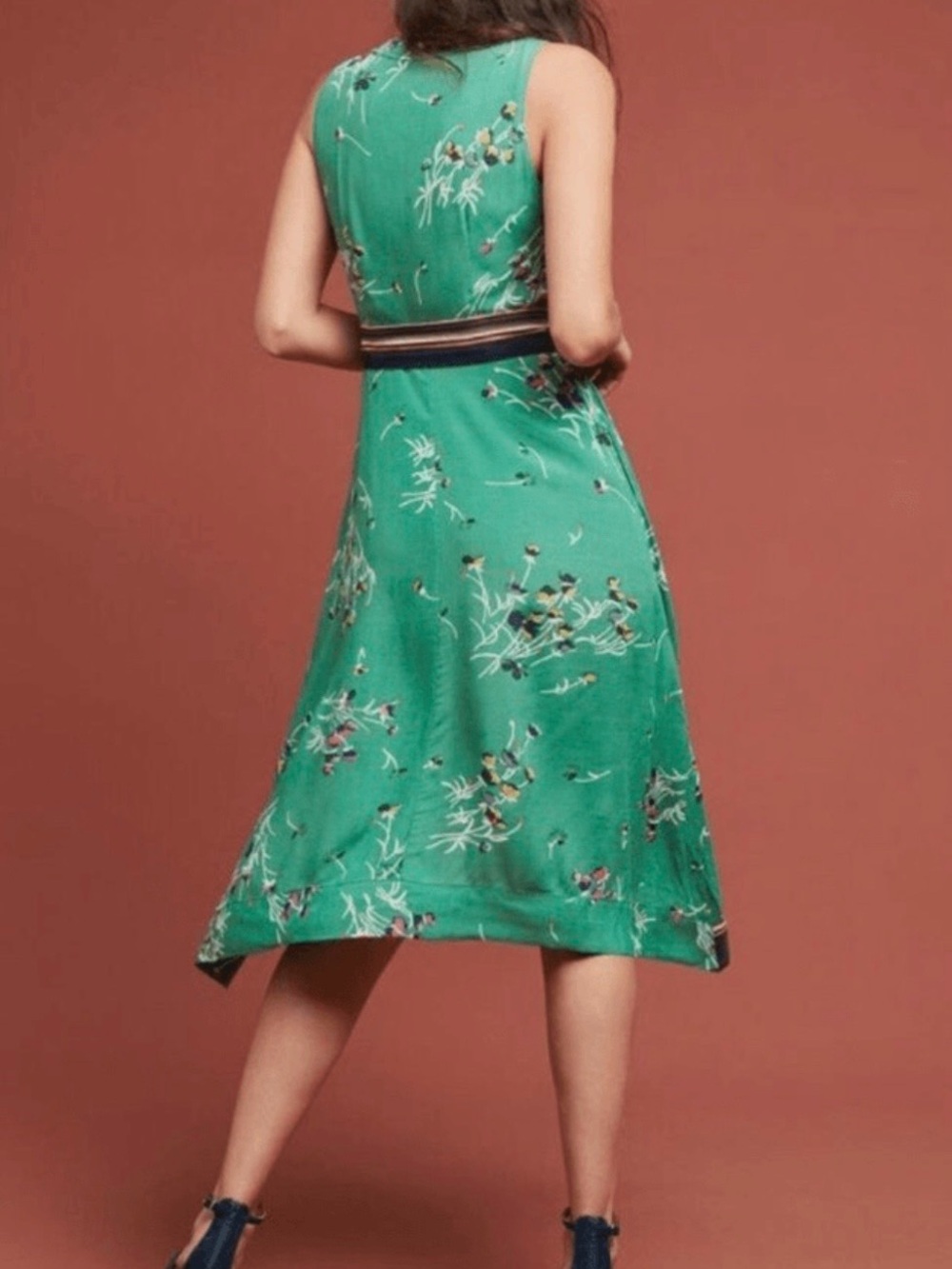 Anthropologie, Maeve, Size 14 Green Floral & White Polka-Dot Wrap Dress - Picture 7 of 8